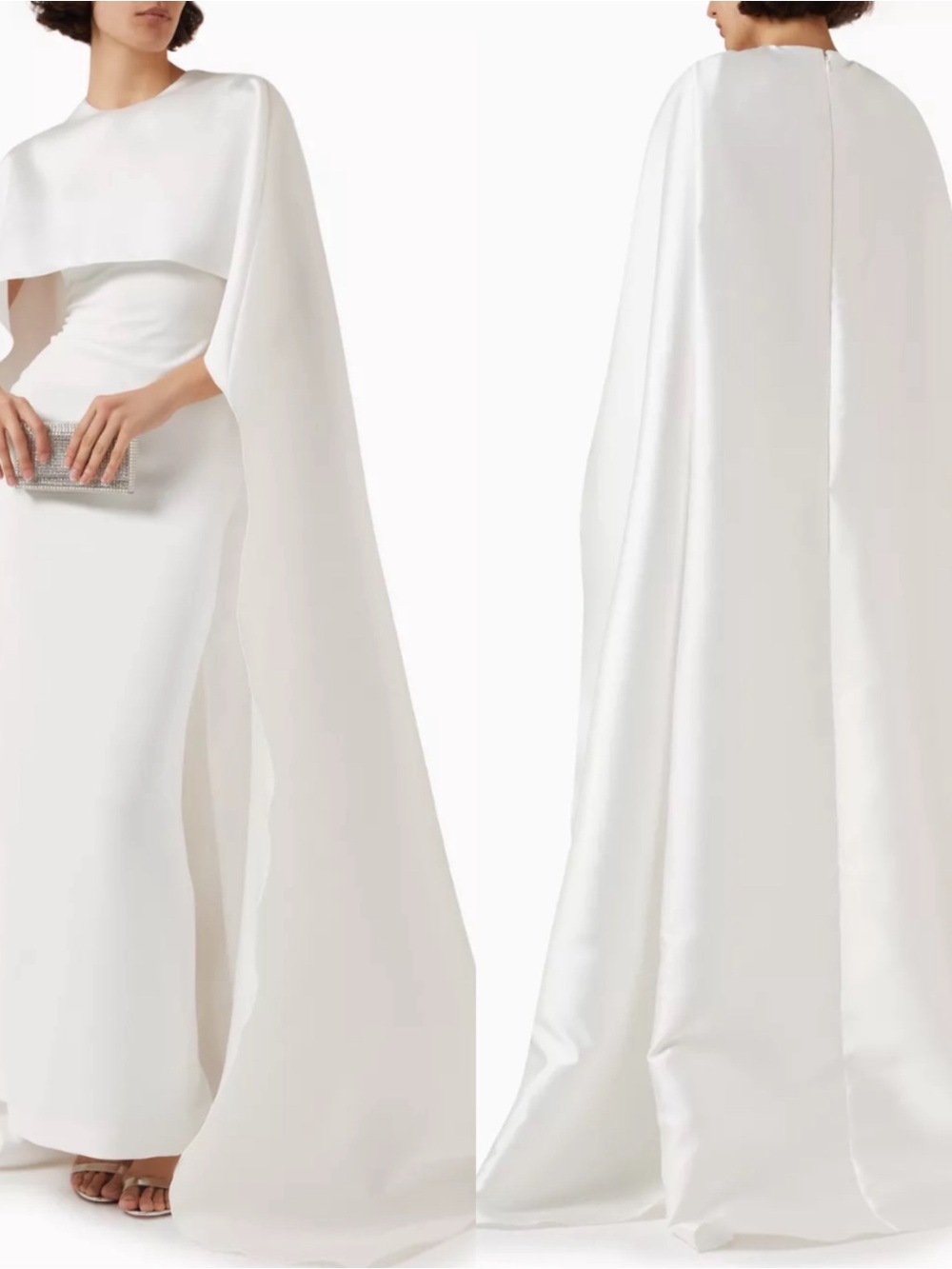 SOLACE LONDON Leni Cape Faille White Maxi Gown Size 8